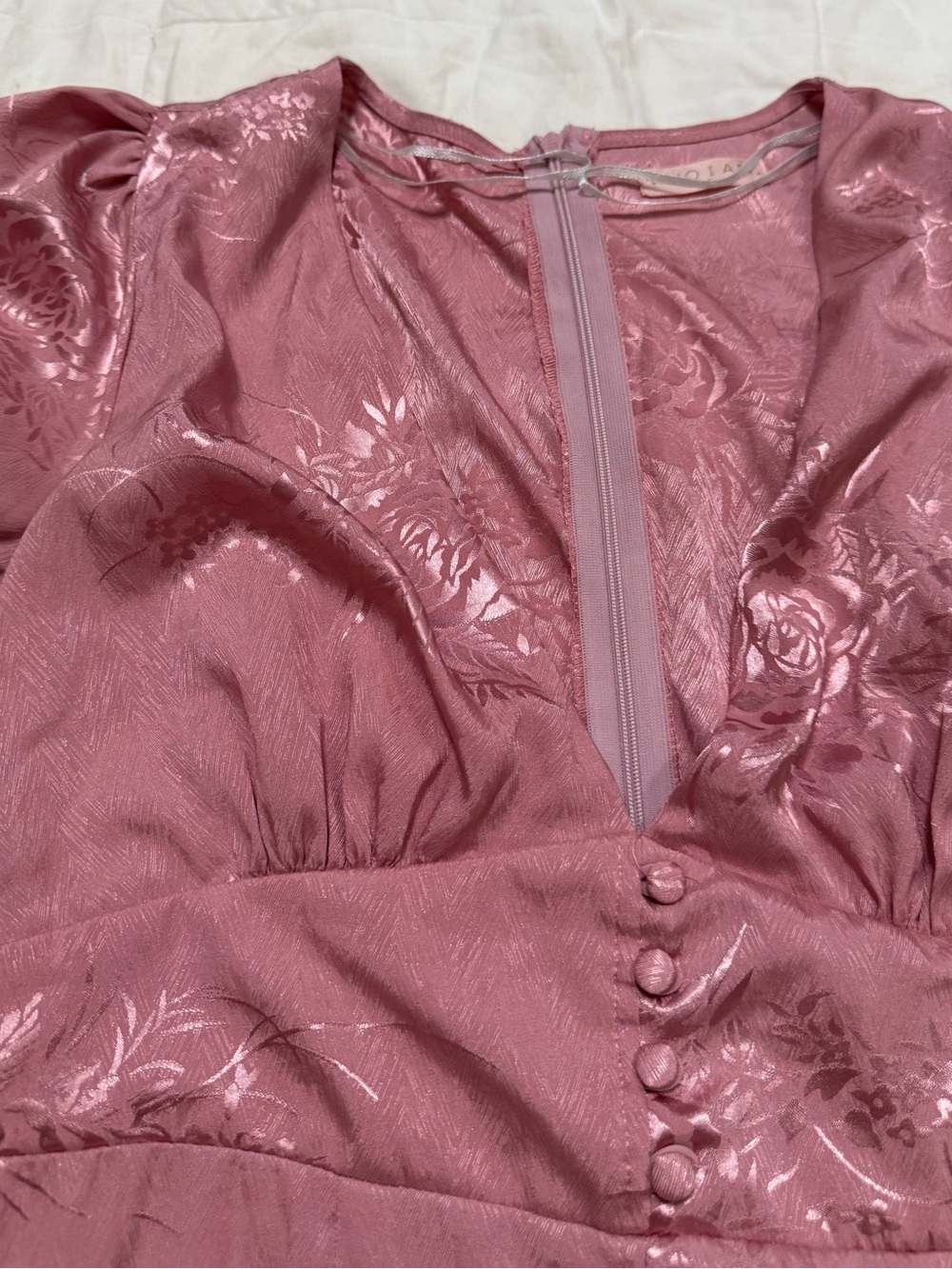 WHO I AM Mauve Pink Satin Jacquard Mini Dress Size 10 Puff Sleeve EUC - Picture 5 of 11